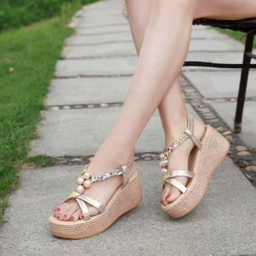 Pearl Bling Shine Casual Shoes Wedges High Heels Flat Platform Shoes Woman New Summer Women Shoes Sandals Female Buckle Strap