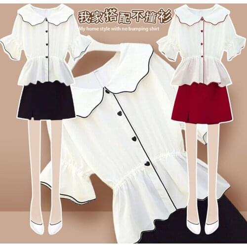 Half-length skirt suit female plus size 2021 summer lantern sleeve lotus leaf collar chiffon shirt high waist skirt two-piece