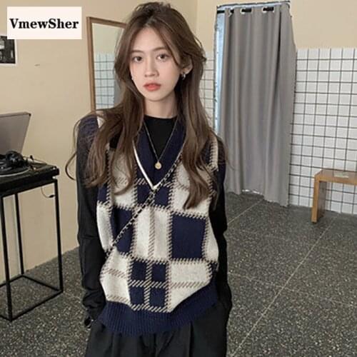 VmewSher New Vest Vintage Plaid Sweater Vest Women Korean V-neck Knitted Sleeveless V Neck Tops Chic Pullover Spring Fashion
