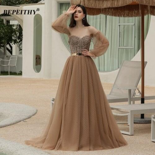 BEPEITHY Sweetheart Long Evening Dress Detachable Train 2021 For Women A-Line Dots Tulle Vintage Formal Gown With Sash Prom