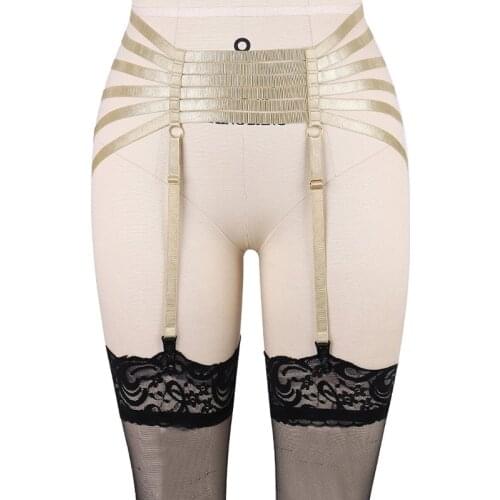 Bondage Stockings Body Harness Woman Sexy Garter Belt Hollow Body Cage Lingerie Gold Color High Waist Leg Wedding Garter Harness