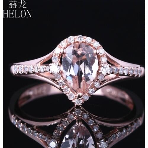 HELON Sparkled Solid 14K Rose Gold AU585 Flawless Pear Natural Morganite Diamonds Engagement Ring Women Fine Jewelry Gift