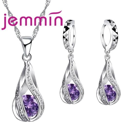 Fast Shipping Top Quality 925 Sterling Silver Wedding Party Jewelry Sets Multiple Color Crystals Pendant Necklace Earrings
