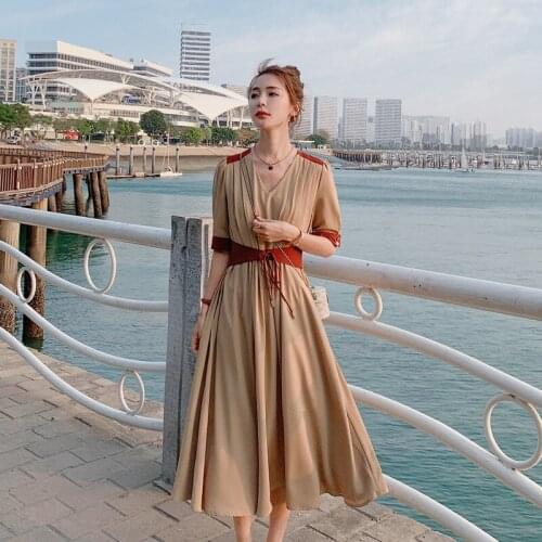 New Summer Dresses 2021 Fashion Elegant Slim Patchwork Womens Dress V neck French Style Half Sleeve Drape Pleated Long Dress