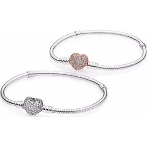 New 100% 925 Sterling Silver Bracelet Silver/Rose Gold Pave Heart Clasp Bracelet Fit European Charms Diy Jewelry