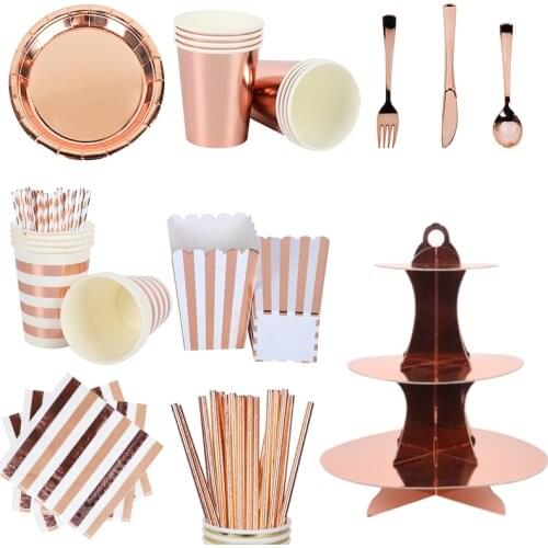 Rose Gold Party Disposable Tableware Birthday Party Decorations Adult Kids Cup Plate cake stand Baby Bridal Shower Party Supply