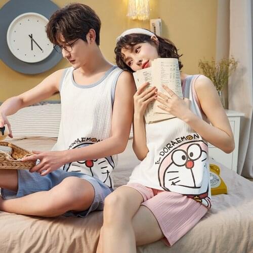 Funny Cartoon Anime Doraemon Pajamas Set For Couples Summer Thin Vest Men Plus Size Homewear Kawaii Pink O-Neck Women Sleepwear