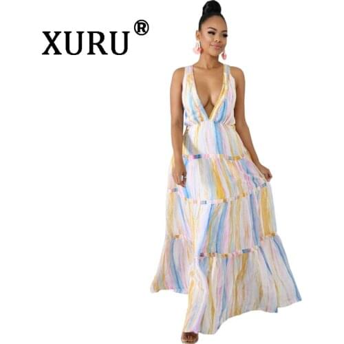 XURU new womens printed dress large swing deep V-neck open back pleated sexy dress