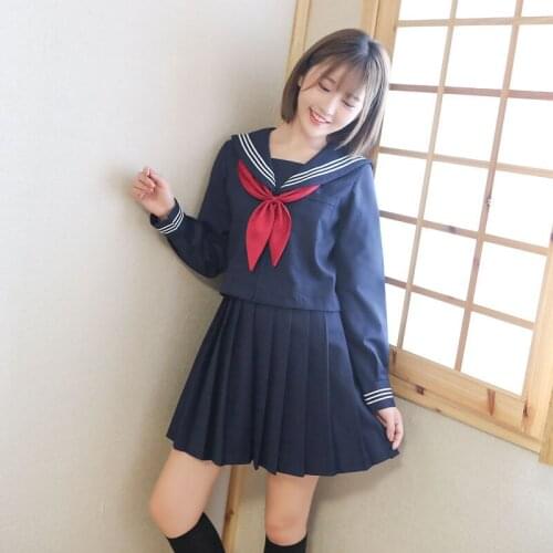 2021 Academy Style Three Lines Sailor Collar Shirt Pleated Skirt Sets Japanese School Uniform Navy Blue Students Class Clothing