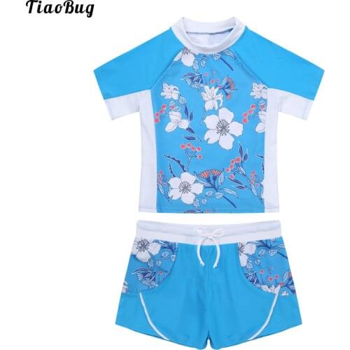 TiaoBug Fashion Summer 2Pcs Kids Girls Floral Print Swimwear Swimming Suit Round Neck Short Sleeves Top And Boyshorts Beach Sets