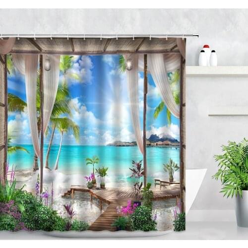 Creative Tropical Plant Ocean Landscape Shower Curtain Beach Palm Trees Flowers Natural Scenery Fabric Bathroom Decor Curtains