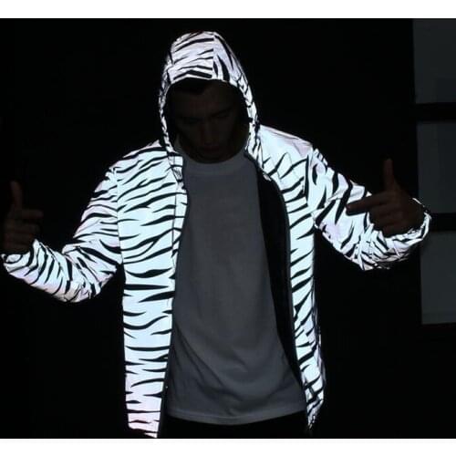 Zebra fluorescent clothing unisex jacket casual hiphop windbreaker 3m reflective jacket tide men coat hooded