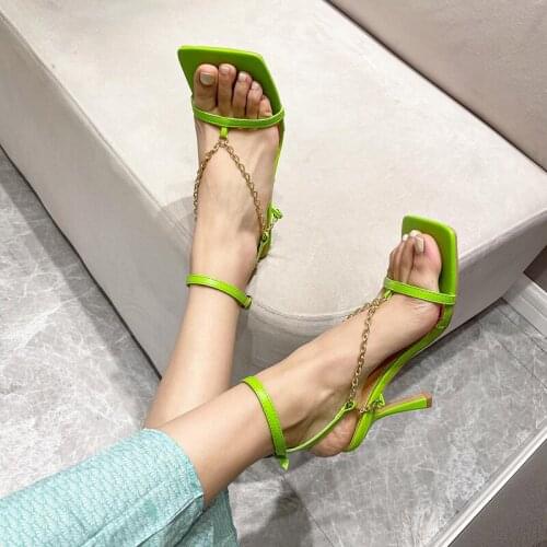 2021 New Women Sandals Female High Heel Square Toe Fashion Chain Strappy Shoes Lady Summer Ankle Strap Sexy Pumps Sandals