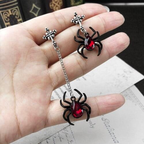 Womens Jewelry Punk Rock Unglazed Black Spider Ear Stud Red Gem Asymmetric Chain Tassel Dangle Earrings Wholesale VGE071