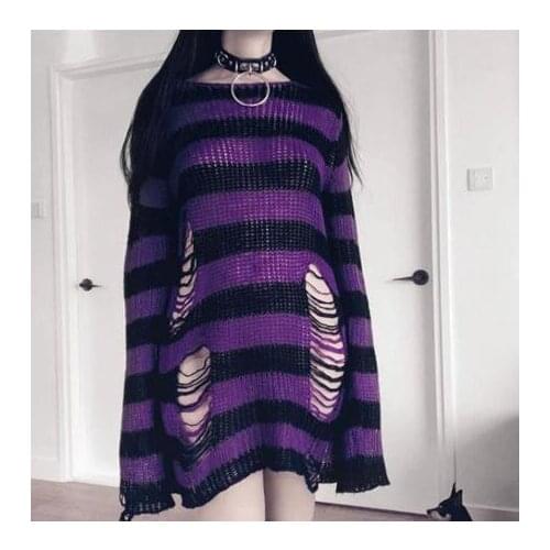 Harajuku Spring Autumn Gothic Girls Punk Sweater Women Long Pullover Hole Striped Loose Befree Sweaters Knitted Jumpers Sweater