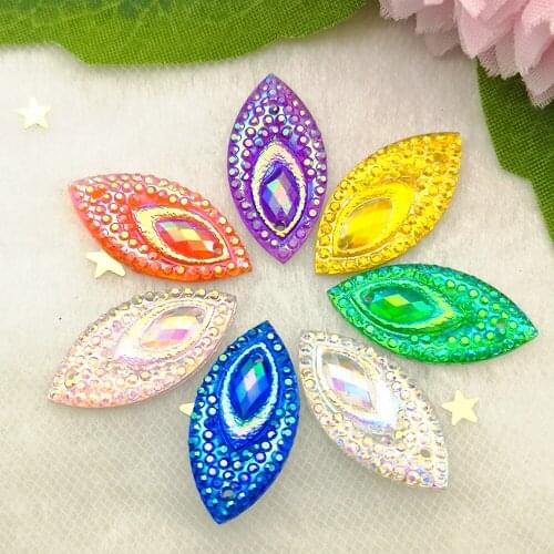 40PCS AB Resin 11*22mm Horse Eye Flatback Peacock Rhinestone Ornaments DIY Wedding Appliques 2 Hole Buttons