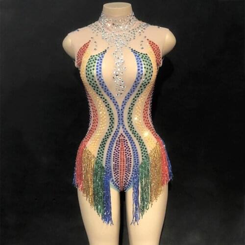 Women Tassel Mesh Colorful Rainbow Leotard Rhinestones Perspective Fringes Bodysuit Stage Outfit Wear Performance Dance Costumes