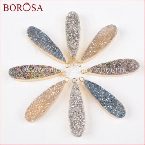 BOROSA 10pcs Druzy Jewelry Teardrop Gold Color Natural Crystal Titanium Rainbow/Blue/Silver/Champagne Druzy Charm Pendant G1069