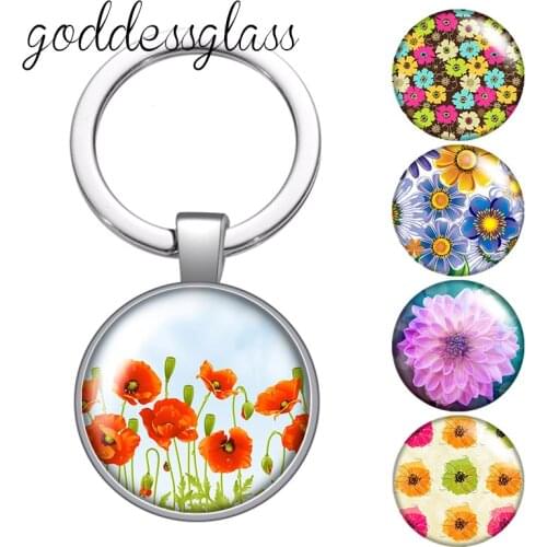 Beauty Flowers poppy Daisy Gypsophila glass cabochon keychain Bag Car key chain Ring Holder Charms keychains for Gifts
