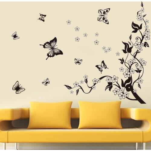 Black color Butterfly flower vine wall stickers PVC Material DIY wall decals For Living room sofa background wall decor sticker