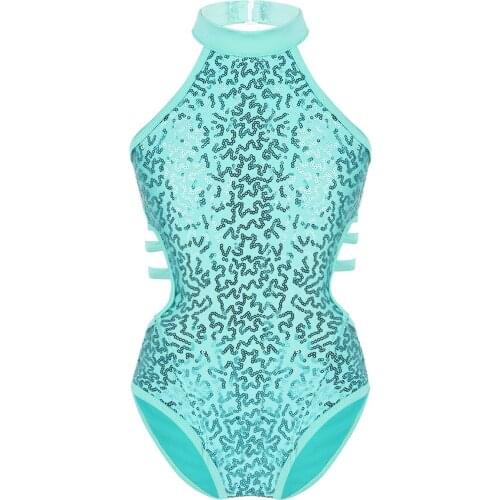 Kids Sleeveless Sparkly Sequins Cutout Back Strappy Waist Dancewear Gymnastics Leotards Girls Ballet Performance Dance Costume