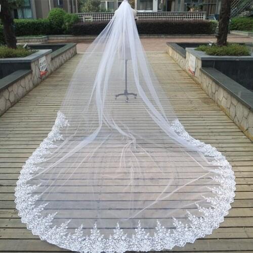 3M Width Wedding Veil Long One Layer Cathedral Ivory Lace Hem Bridal Veils with Comb Bride Veil