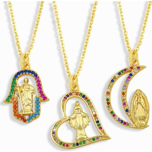 FLOLA Gold Plated Virgin Mary Necklace For Women CZ Multicolor Moon Heart Fatima Hand Pendant Necklace Protection Jewelry nkeu18