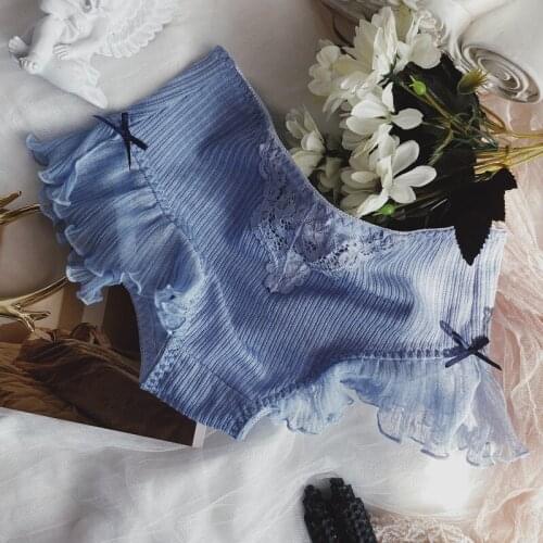 Cotton mixed thread pure color panties fresh girl mesh yarn fly edge sweet bowknot cute briefs sexy mid-waist plus size underwea