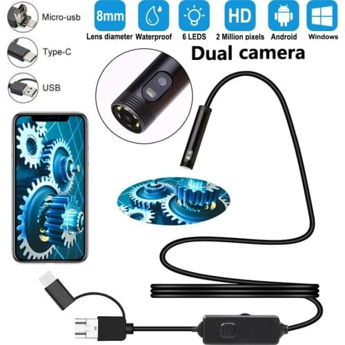 720P 3in1 Dual USB Endoscope Camera 2m 5m 10m Hard Cable Snake Inspection Camera 8mm 6 LED Borescope for Android PC Endoscope