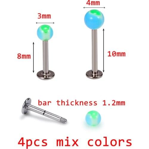 4PCS Mix Colors Lip Rings Labret Piercing Jewelry Stainless Steel Acrylic Ball 16G 1.2mm Wholesale Anti-allergic Body Pircing