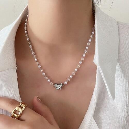 Korean Trendy Crystal Pearl Bead Choker Collares Rhinestone Butterfly Necklaces for Women Fashion Kpop Jewelry Accessories MS378