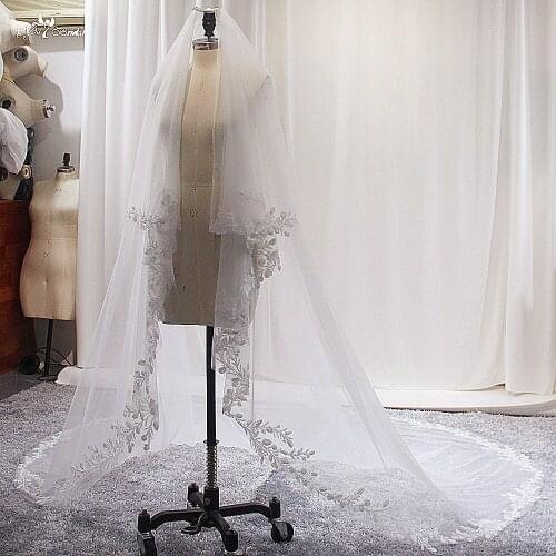 LZP420 Real Photos Wedding Accessories 3M Long Ivory lace Two Layer Bridal Veil With Comb Cheap Beaded Wedding Veil