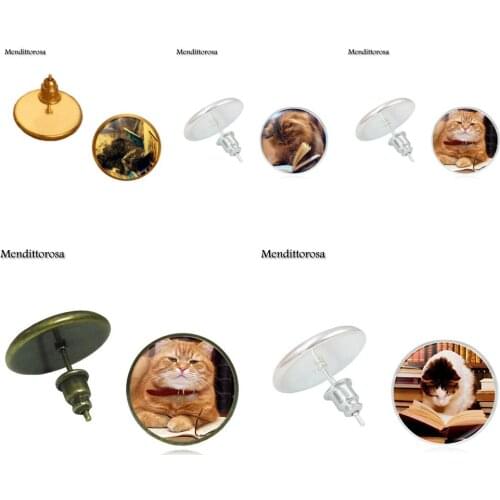 Mendittorosa Books and Cat Antique Vintage Style Bronze/Silver/Golden Clip Ear Hook Stud Earrings Jewellery For Girls Gift