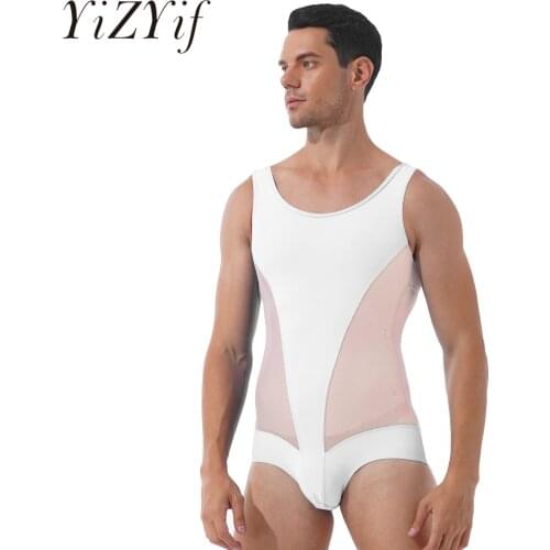 Mens Swimsuit One-piece Sheer Mesh Patchwork Wrestling Sport Bodysuit Sleeveless Bulge Pouch Leatord Swimwear Bodysuit