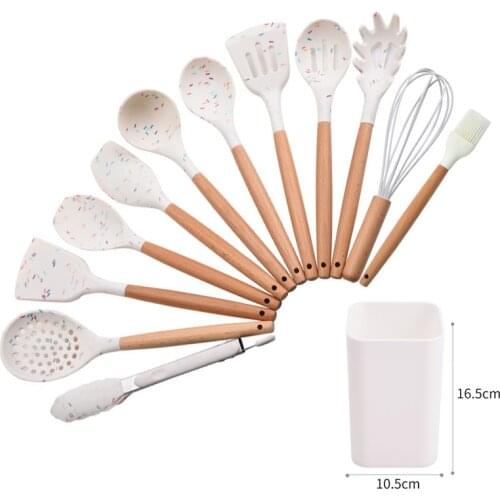 12-piece Wooden Handle silica gel Cooking Tools Sets Non-stick Pan Household Kitchen Utensils Cooking Spoon Shovel Cookware Kit