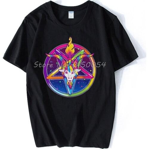 Neon Rainbow Baphomet Pentagram T Shirt Neon 90s Rainbow Baphomet Goat Satan Occult Stars Galaxy Devil T-shirt Men Cotton Tshirt