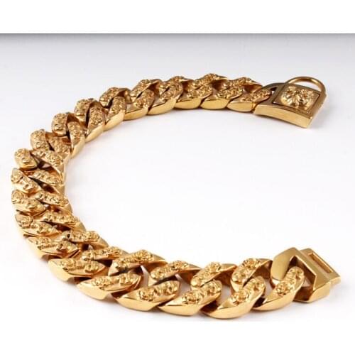 Stainless Steel Dog Collar Leash Skull Designer Pitbull Bulldog Collar Lead 32mm Gold Heavy Trainng Pet Chain Collar Large Dog