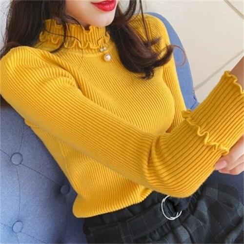 2021 New Women Winter Fall basic Knitted Pullovers half Turtleneck sweaters basic Knitwear Outwear ruffles Tops jumper H493
