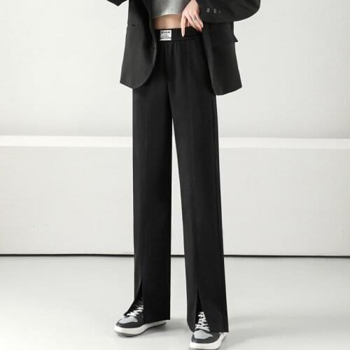 Latest Fashion Autumn Womens Casual Plus Size Split Wide Leg Pants Office Lady Loose High Waist Straight Bootcut Work Trousers