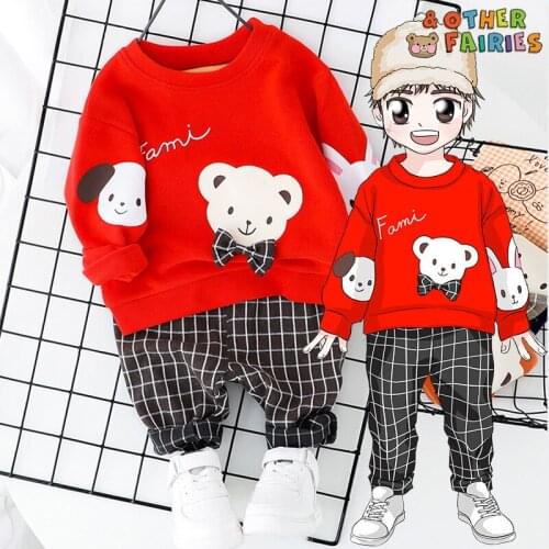 Baby boys clothes knitted sweater warm two-piece suit new fashion casual sportswear round neck bear sweater plaid baby boy suit