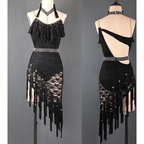 Latin Dance Dress Women Black Lace Dance Dress Practice Tango Dress Salsa Dance Cha Cha Competitive White Latin Dresses VDB138