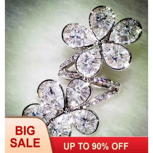 Stunning Big Flower Promise ring Silver color AAAAA Cz Stone Engagement wedding band rings for women Finger Party jewelry