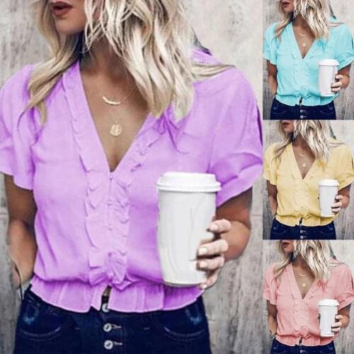 Casual Women Shirt Solid Color Short Sleeve Deep V Neck Ruffled Hem Blouse Top