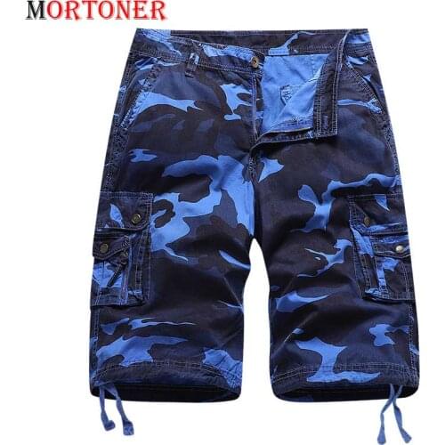 Blue Camo Cotton Cargo Shorts Men Fashion 8 Pockets Loose Fit Shorts Mens Work Outdoor Hiking Camping Travel Wear Short Homme 40