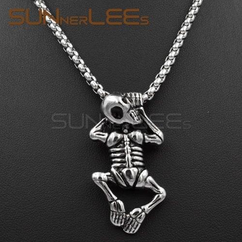 SUNNERLEES NEW Fashion Jewelry Stainless Steel Punk Skull Skeleton Pendant Necklace Link Chain For Mens Womens SP12