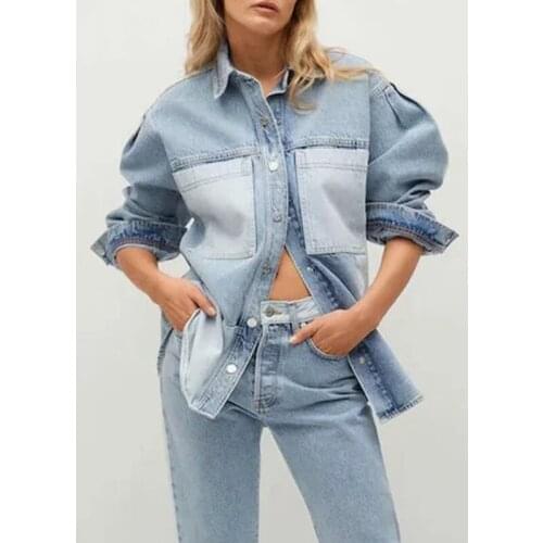 Za Womens Denim Shirts Patchwork Pockets Long Sleeve Shirt Female Streetwear Fashion Shirt Ladies Casual Loose Autumn Shirt TRF