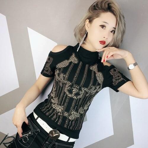 T-shirts female Rhinestone Off Shoulder summer fashion tops womens diamond tshirt tees Poleras De Mujer Moda 2021 XXXL t shirt