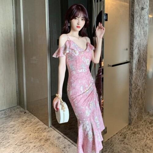 Print Flower Retro Womens Dresses New Arrival 2020 Off Shoulder Backless Sexy Dress Ladies Ruffle Midi Pink Summer Dress Women
