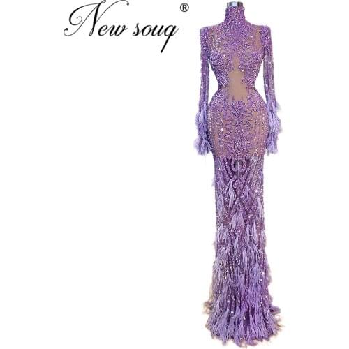 Vestidos Dubai Design Beaded Feathers Evening Dresses Celebrity Crystal Gown 2020 Handmade Chic Transparent Prom Dress Arabic