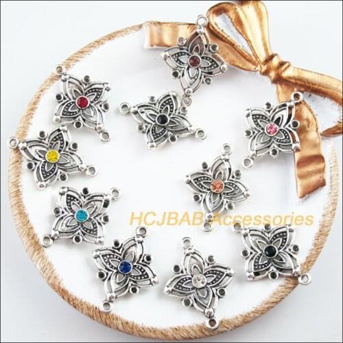 10 New Clover Charms Tibetan Silver Tone Retro Mixed Crystal Connectors 21x28mm